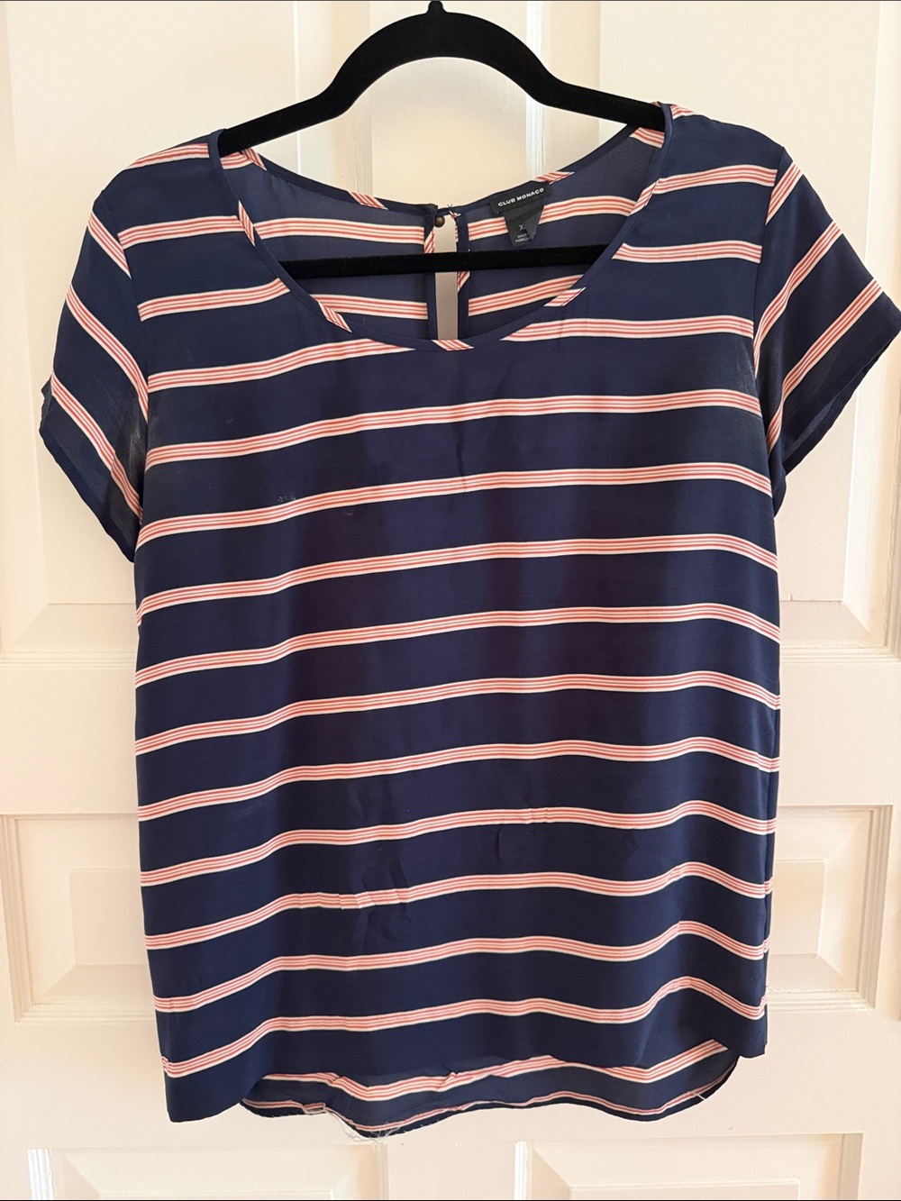 Women’s Navy Blue Striped Short-Sleeve Top - red Stripe- silk
